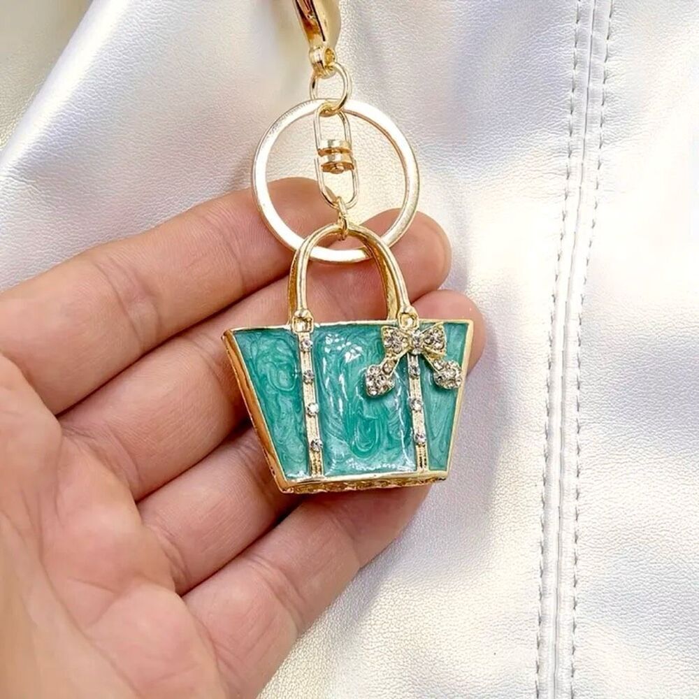 NWT Gorgeous Green & Gold Metal Bling Purse Handbag Lobster Keyring Key holder
